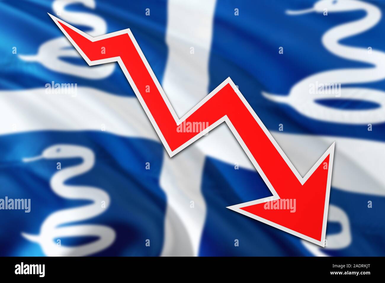 Martinique economy graph is indicating negative growth, red arrow going