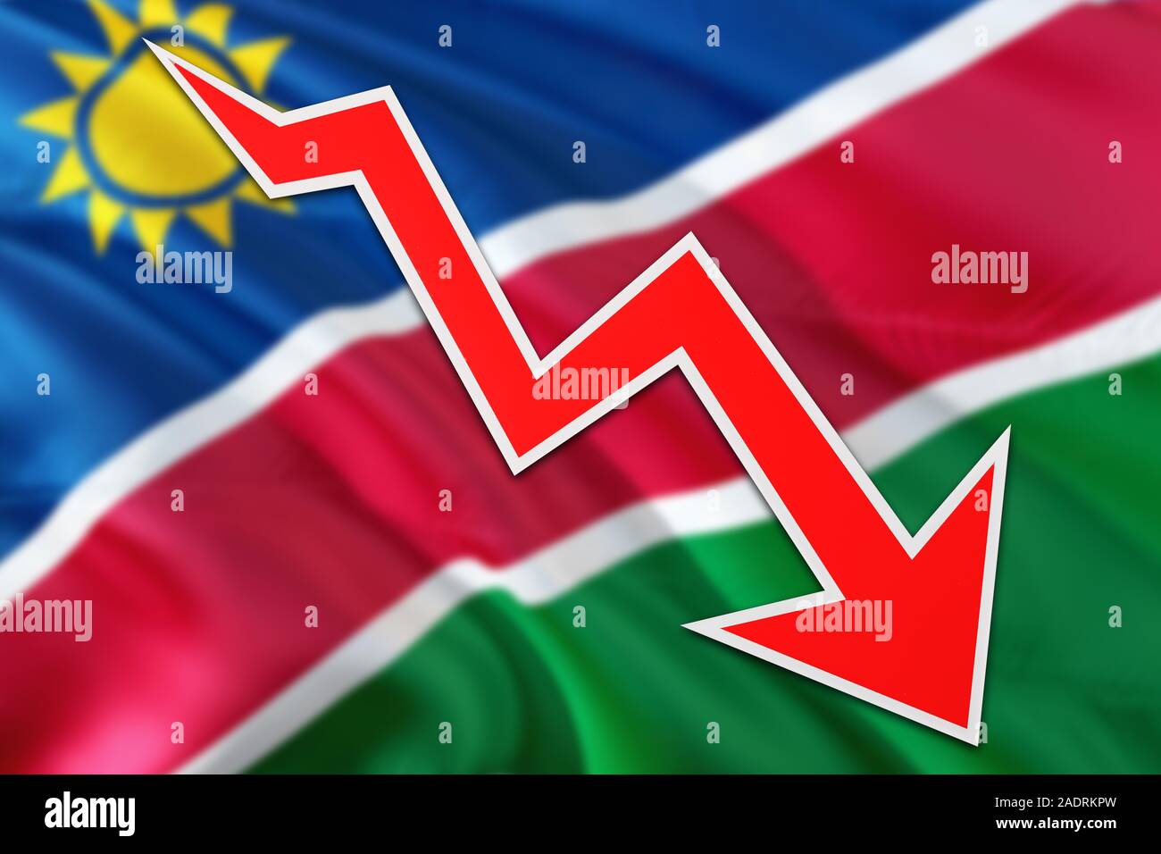 Namibia economy graph is indicating negative growth, red arrow going