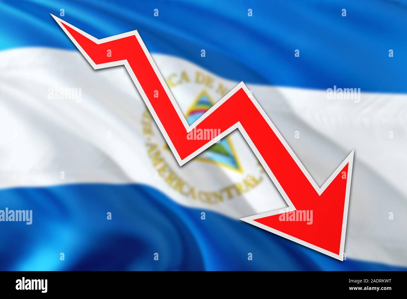 Nicaragua economy graph is indicating negative growth, red arrow going