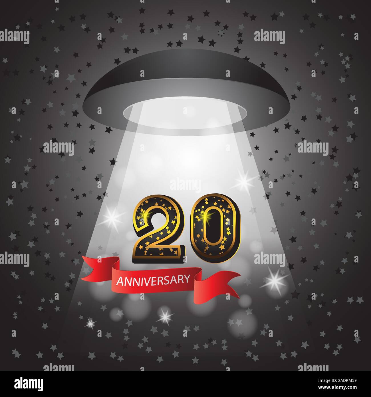 Celebrating the Golden jubilee of 20 years with ribbon logo number of star light UFO on isolated black background. Vector image. Stock Vector