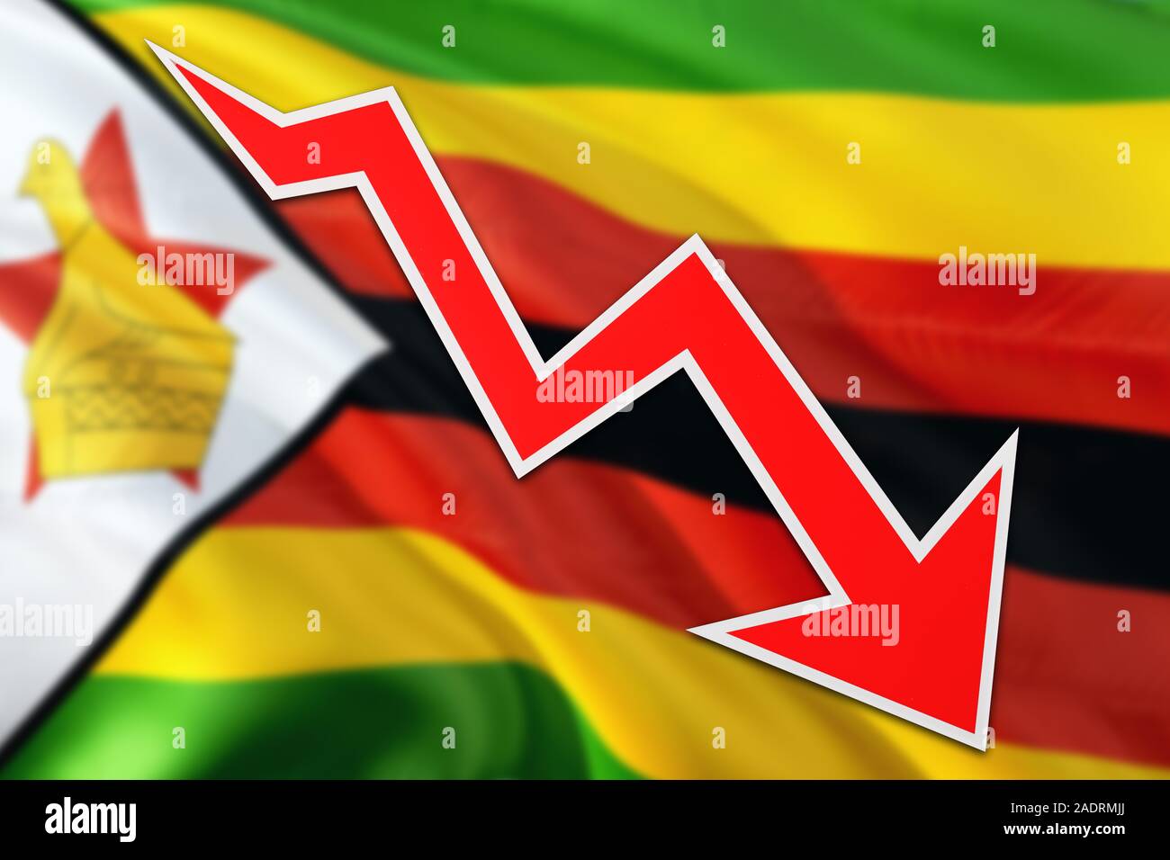 Zimbabwe economy graph is indicating negative growth, red arrow going