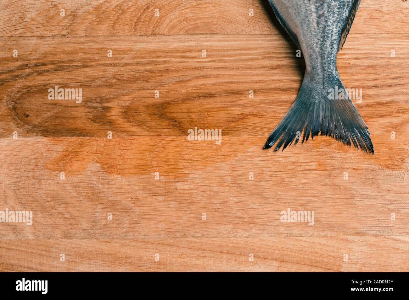 Copy space photo of wooden table with fish tail on the top Stock Photo