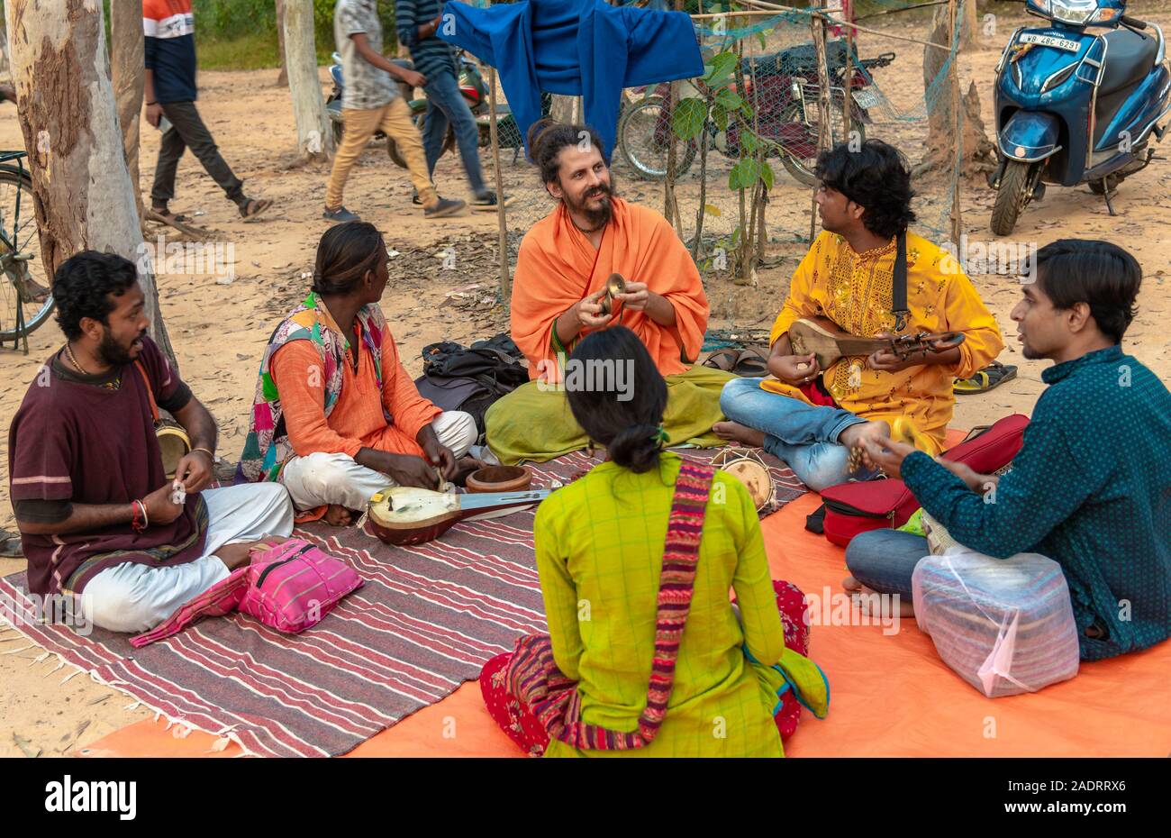 Shantiniketan / India - November 30,2019. Group of Young folk singer ( baul) with   Musical Instrument . Stock Photo