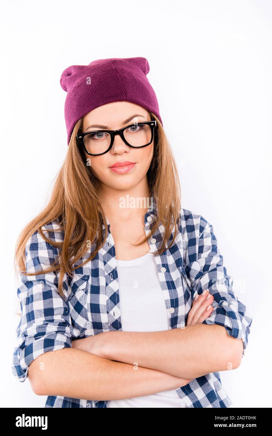 beautiful confident girl in a hipster hat and shirt crossed her arms Stock  Photo - Alamy