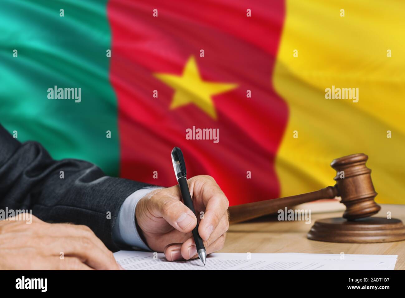 Judge writing on paper in courtroom with Cameroon flag background ...