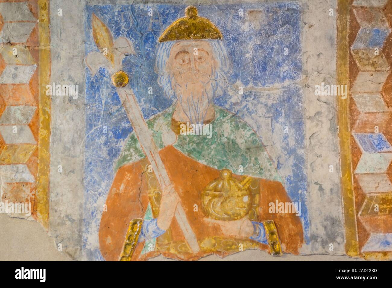 King David from the old testament with a golden scepter and helmet, mural painting in Malov, Denmark, January 23, 2018 Stock Photo