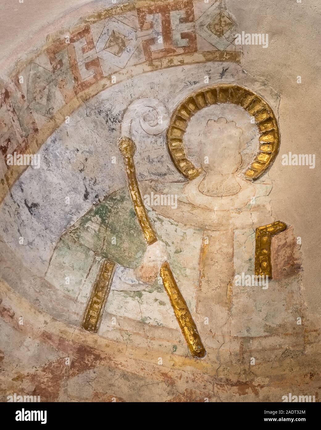 Ancient romanesque painting af a bishof with his crook, Malov, Denmark, January 23, 2018 Stock Photo
