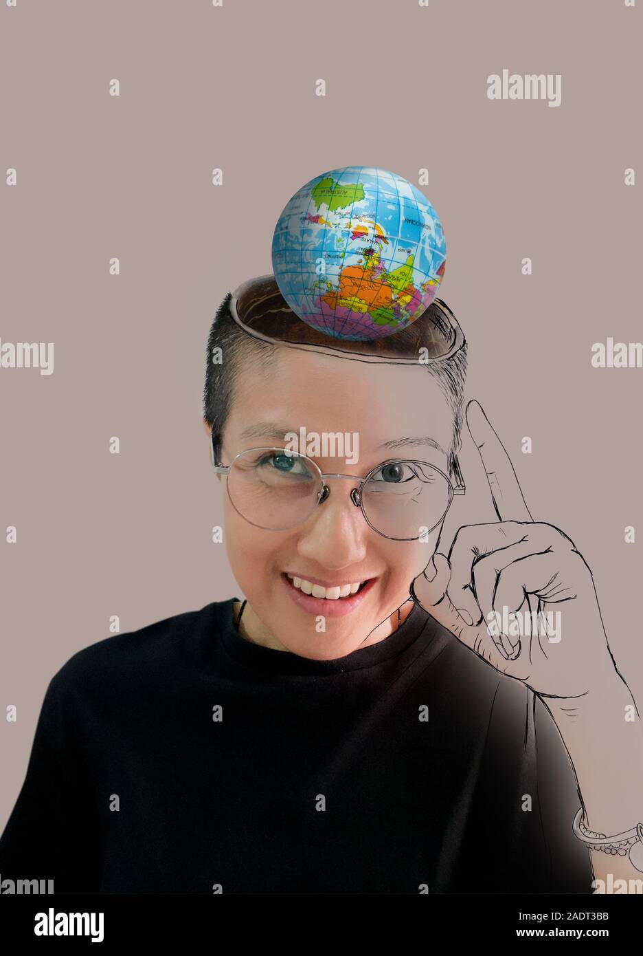 Close up skinhead woman with planet Earth glove in her head. Elements of this image furnished by NASA Stock Photo