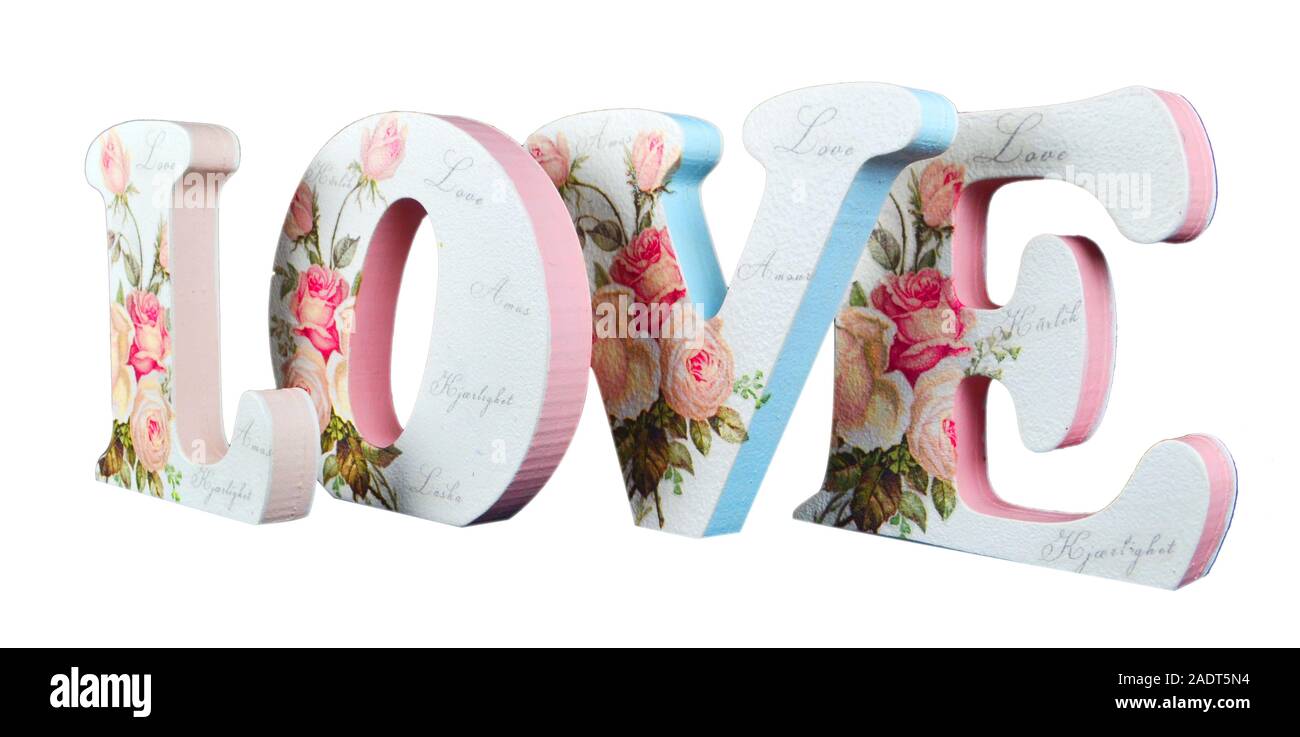 home decor wall text on white isolated background love text Stock Photo