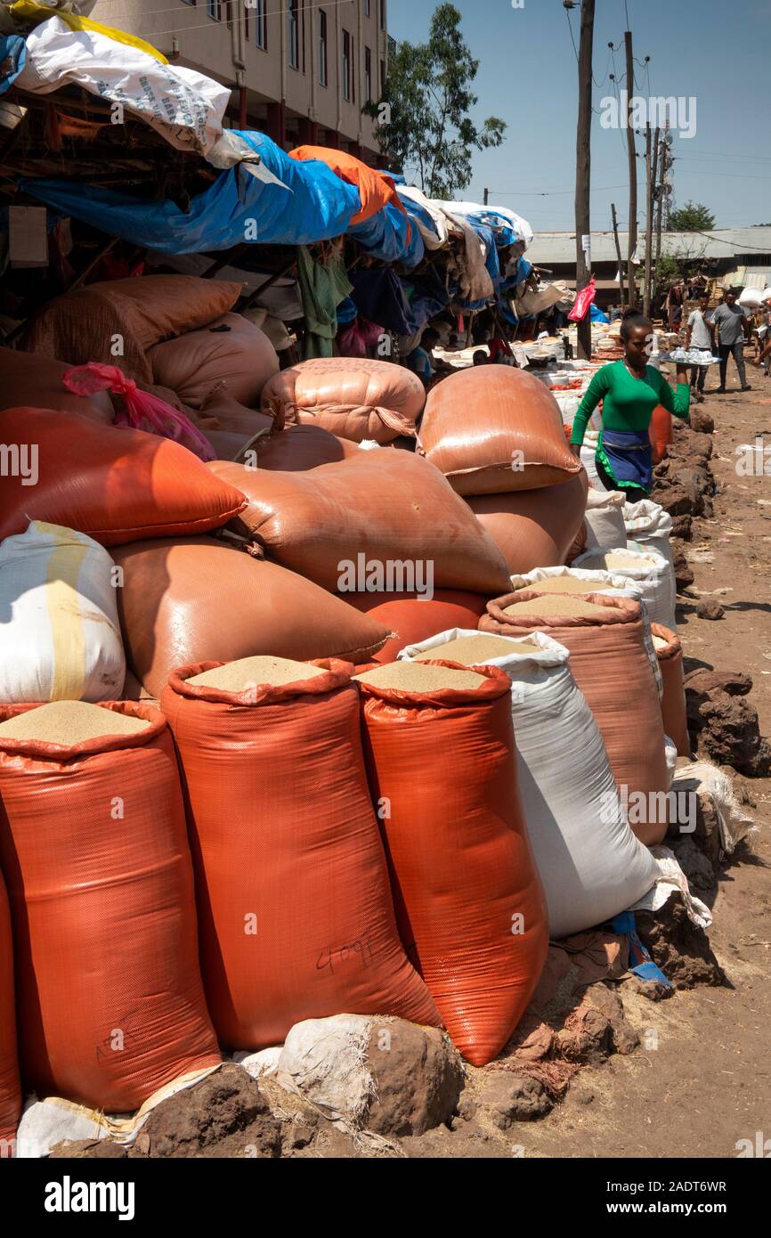 Ethiopia, Amhara Region, Bahir Dar, city centre, market, sacks of rice