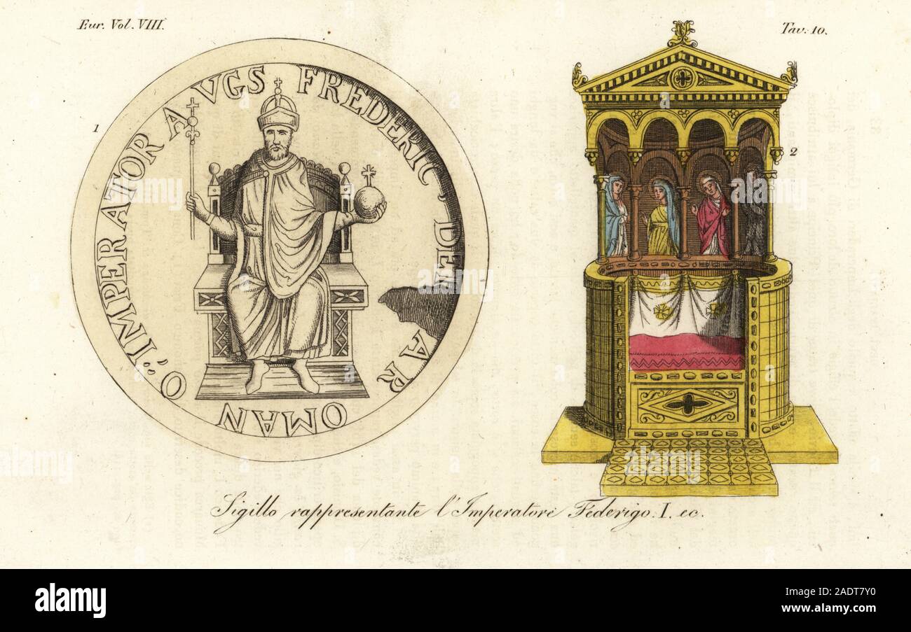 Portrait of Frederick I, Holy Roman Emperor, from his seal. He sits on a throne with crown, sceptre and orb. Throne of the HRE at right. Sigillo rappresentante l’Imperatore Federigo I. Handcoloured copperplate engraving by Roberti from Giulio Ferrario’s Costumes Ancient and Modern of the Peoples of the World, Il Costume Antico e Moderno, Florence, 1844. Stock Photo