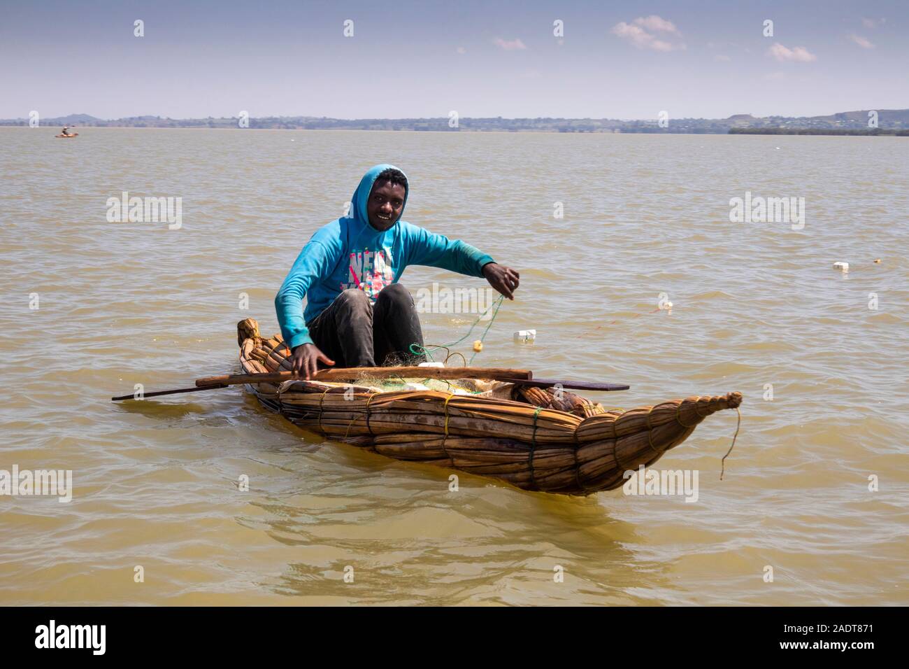 Ethiopia, Amhara Region, Bahir Dar, Lake Tana, fisherman in papyrus reed boat Stock Photo