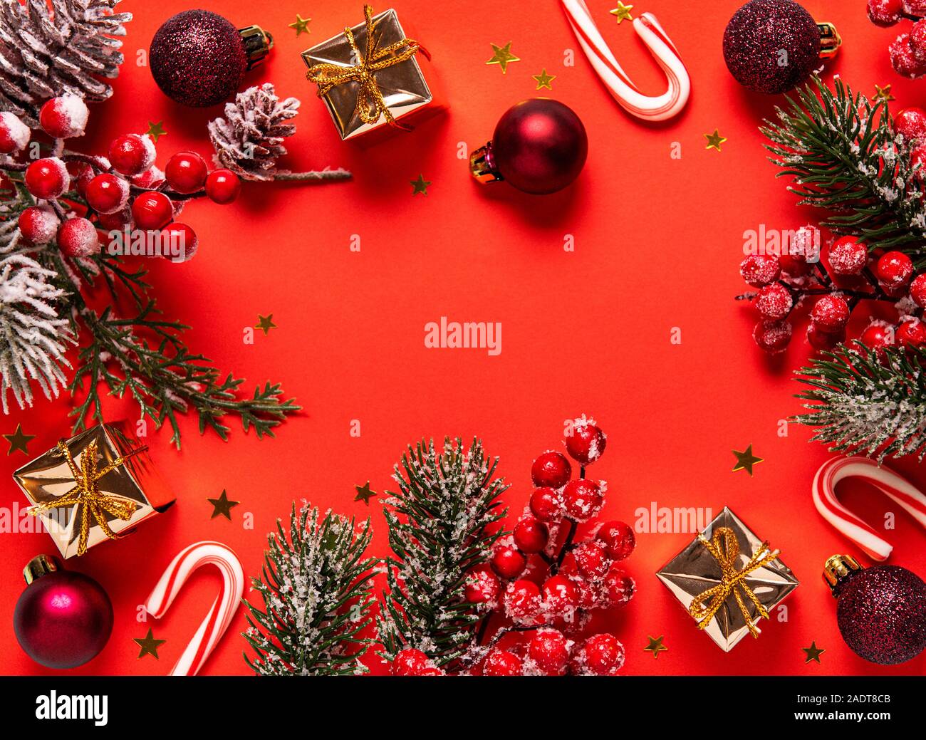 Christmas and New year background with fir branches, holly berry, pine ...