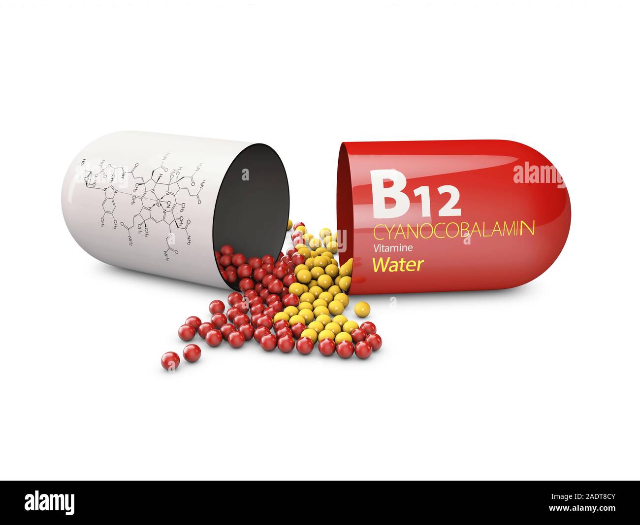 3d rendering of vitamin B12 pills over white background. Concept of dietary supplements. Stock Photo