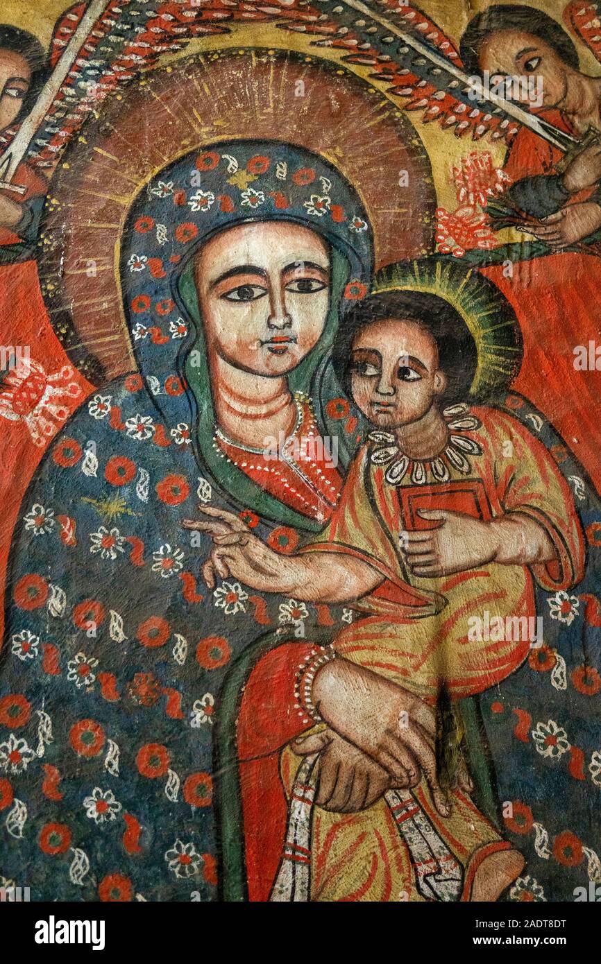 Ethiopia, Amhara Region, Bahir Dar, Lake Tana, Zege Peninsula, C14th Ura Kidane Mehret Church, traditional wall painting of virgin and child Stock Photo
