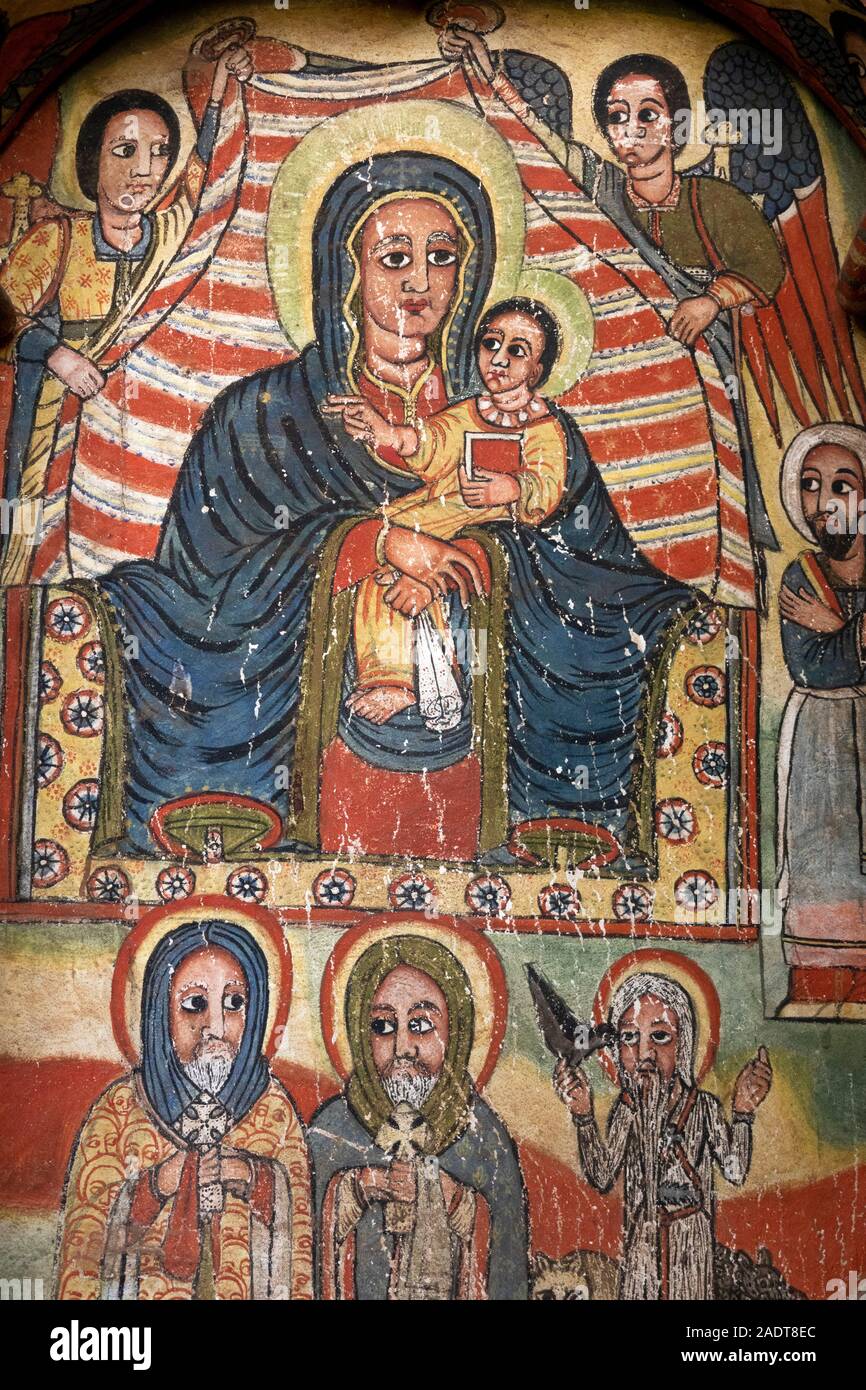 Ethiopia, Amhara Region, Bahir Dar, Lake Tana, Zege Peninsula, C14th Ura Kidane Mehret Church, traditional nativity wall painting Stock Photo