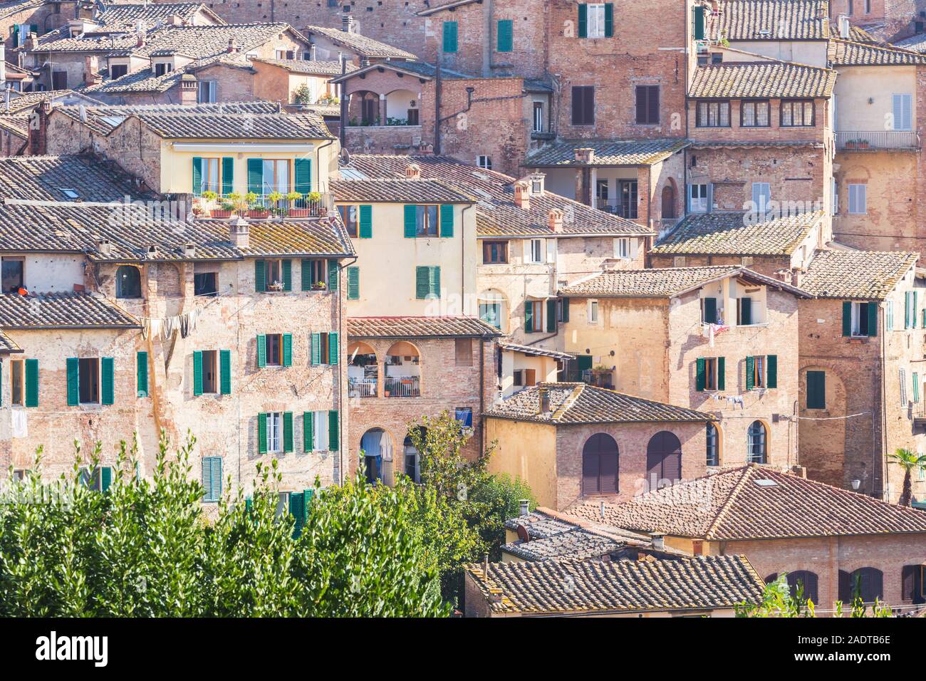 view on the roofs of the houses consisting of bricks and tiles creating the city architecture of Siena, Tuscany, Italy Stock Photo