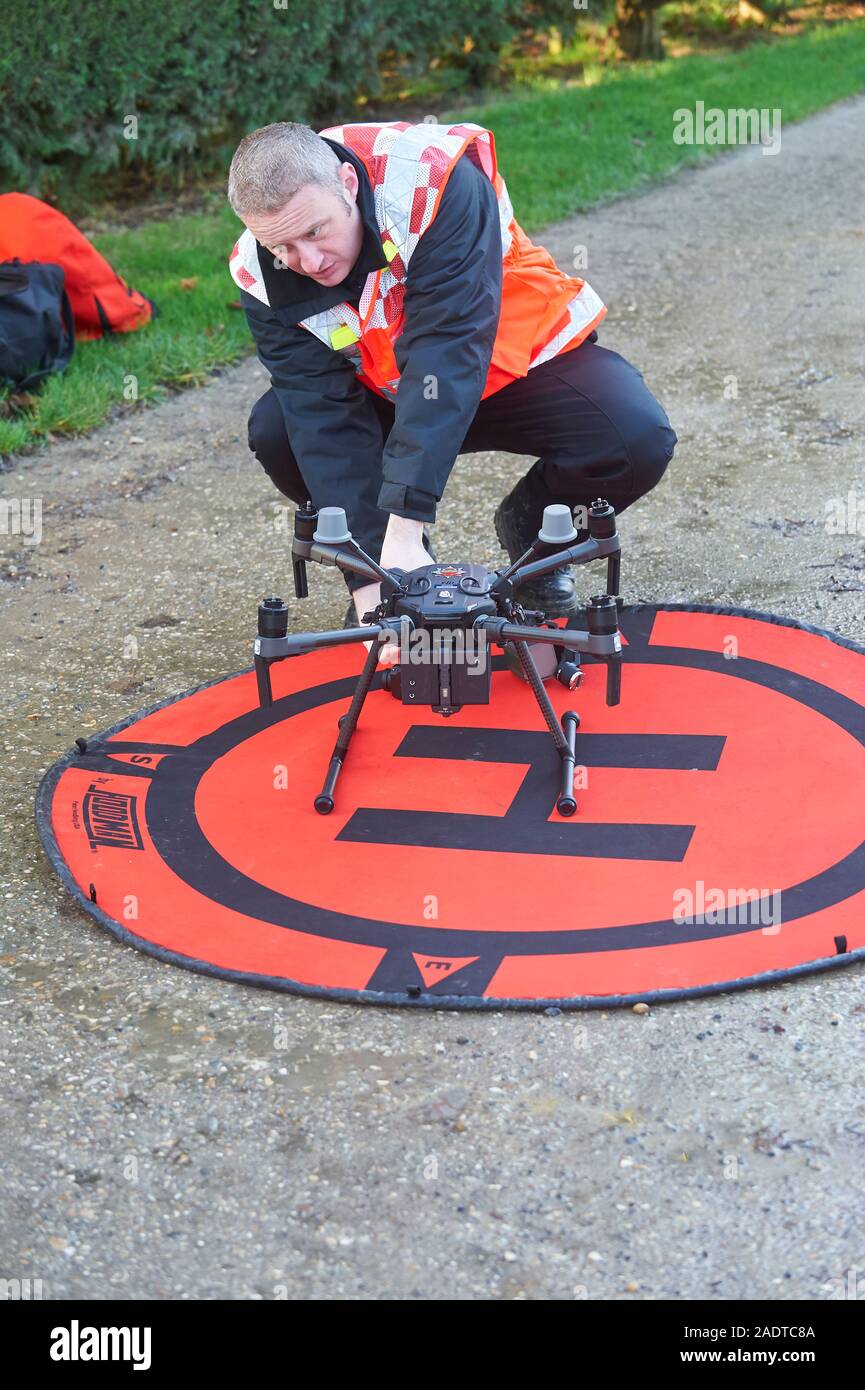 Commercial Drone Operator for Humberside Fire & Rescue getting the Drone ready for flight. East Riding of Yorkshire, England, UK, GB. Stock Photo