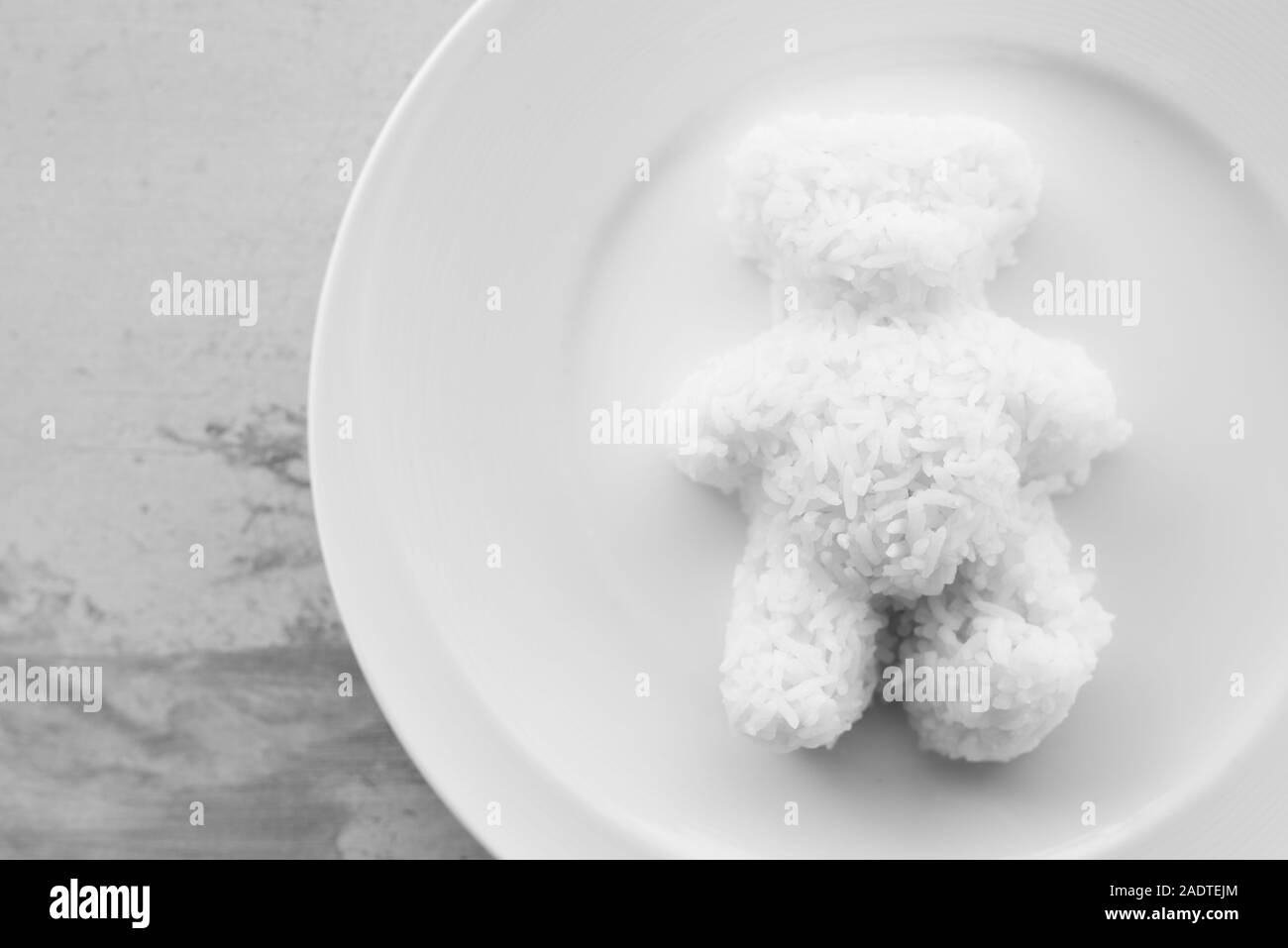 Teddy Bear Shaped Steamed White Rice Served On White Plate Stock Photo