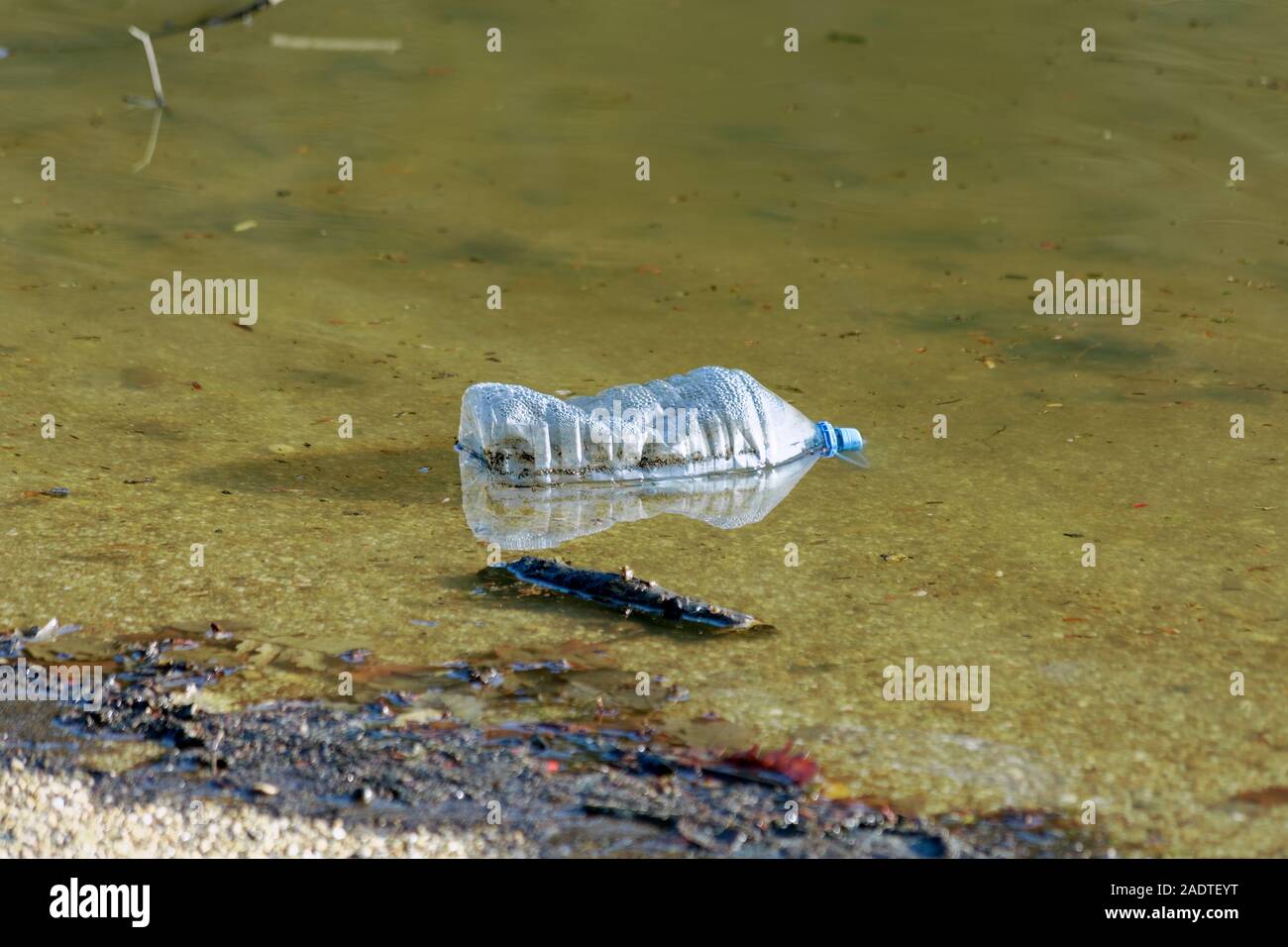 Plastic mineral water bottle junk floating on water in nature. Belgrad