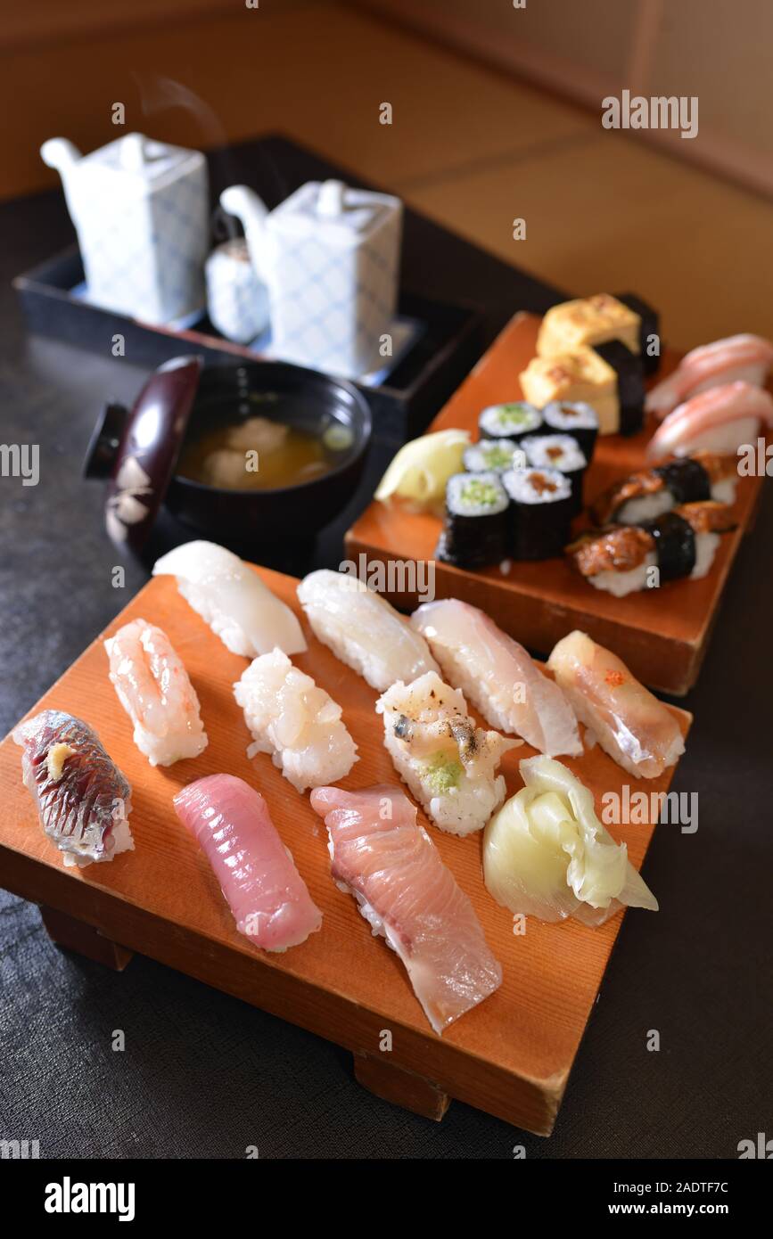 High angle shot of the Japanese traditional food sushi set Stock Photo