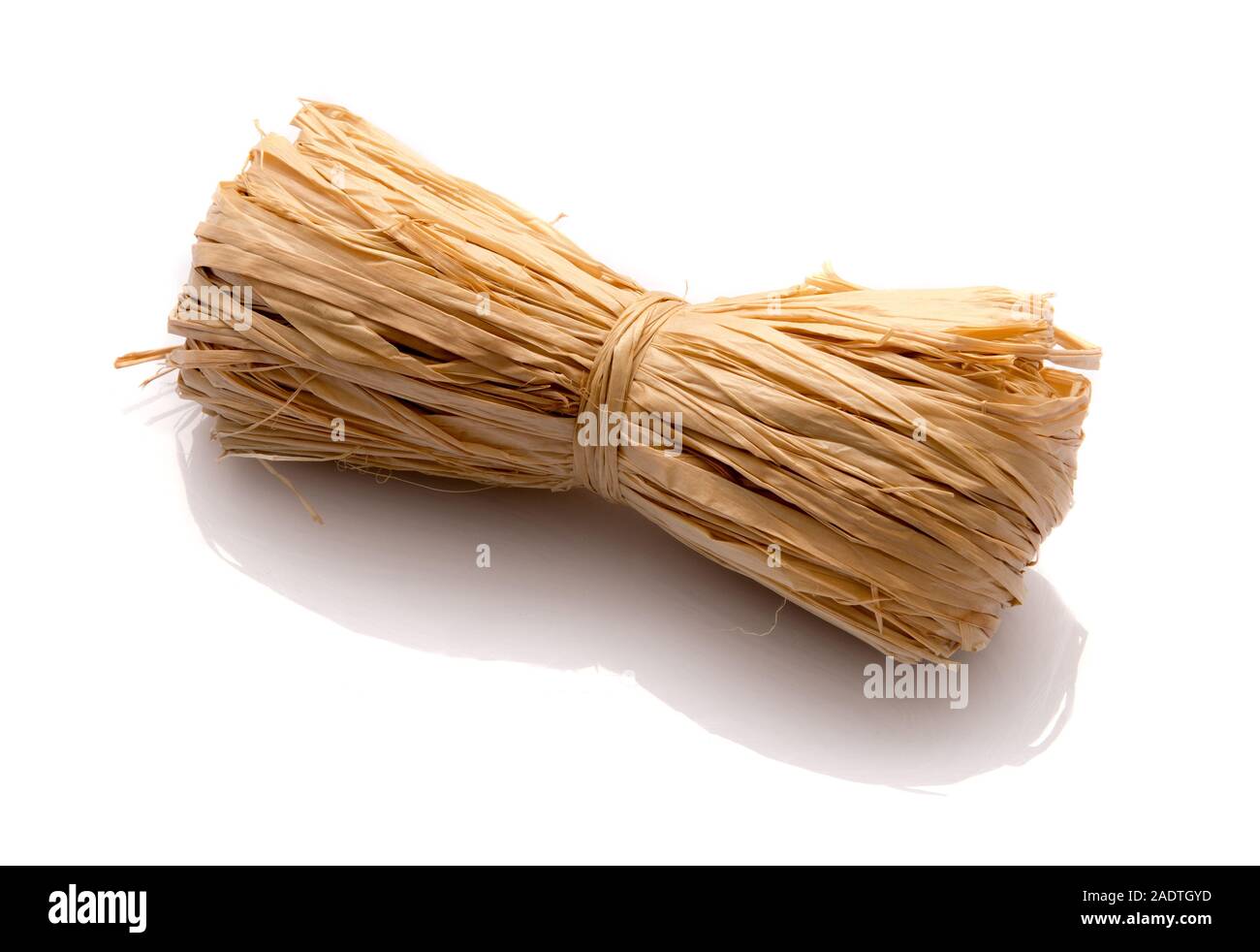 Roll of natural raffia tied in the centre on a white background with shadow and copy space Stock Photo