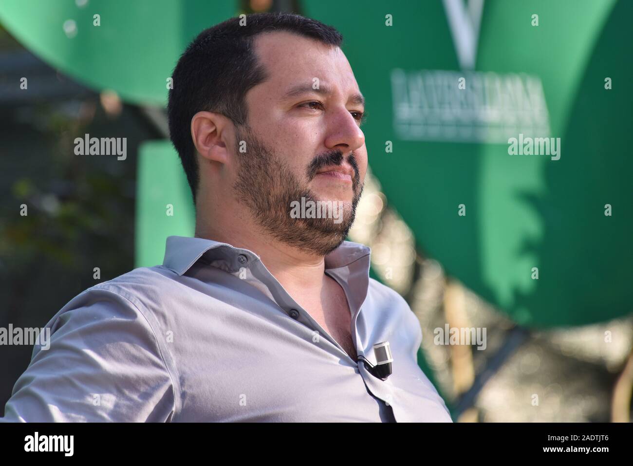 MARINA DI PIETRASANTA, ITALY - JULY 14, 2015:  Matteo Salvini, head of Italy's Northern League, speaks during a interview, leader Lega Nord, ex Italian Interior Minister and vice premier in 2018. Stock Photo