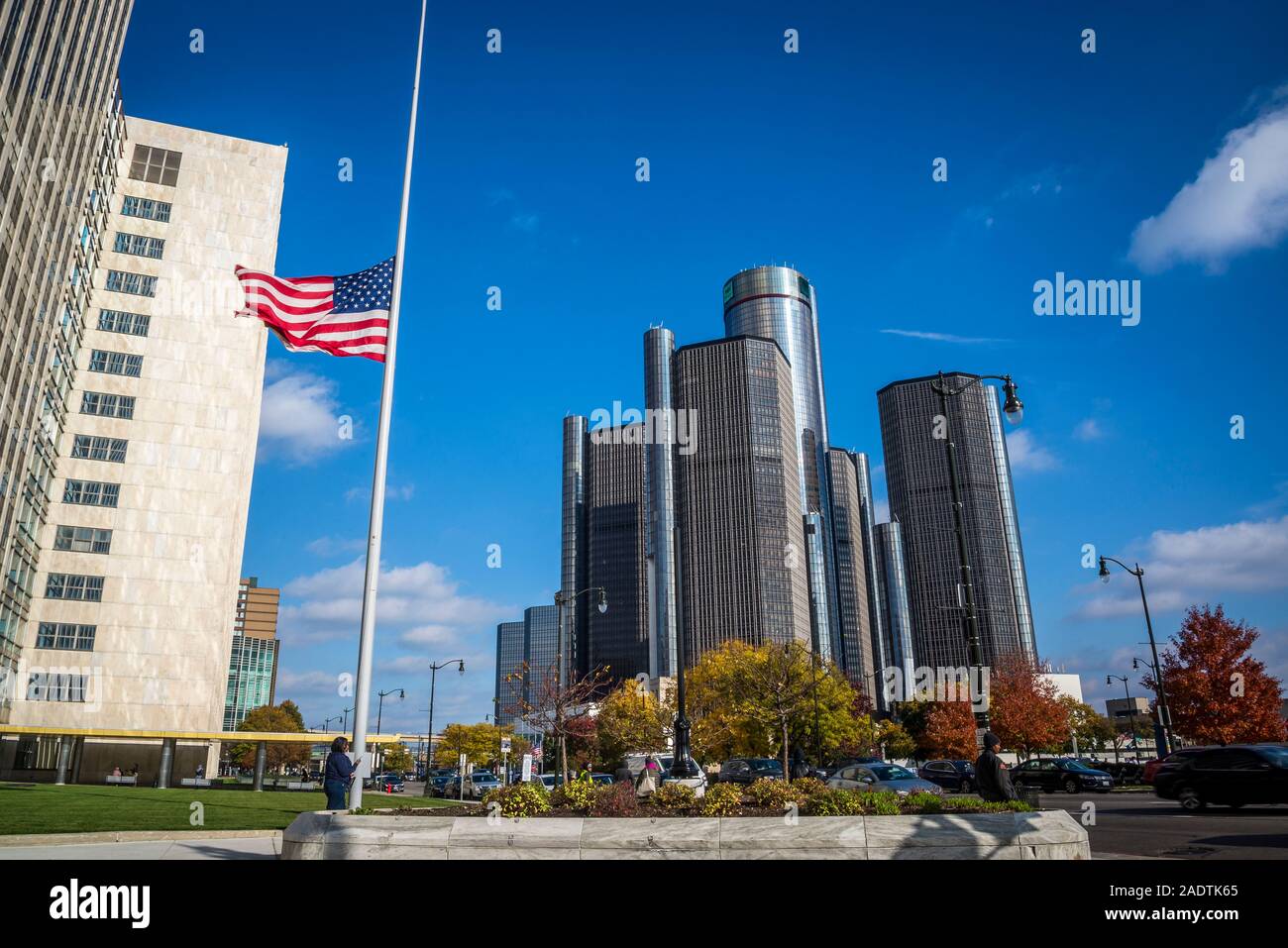 GM Renaissance Center, a group of seven interconnected skyscrapers  on the Detroit International Riverfront  and is the headquarters of General Motors Stock Photo