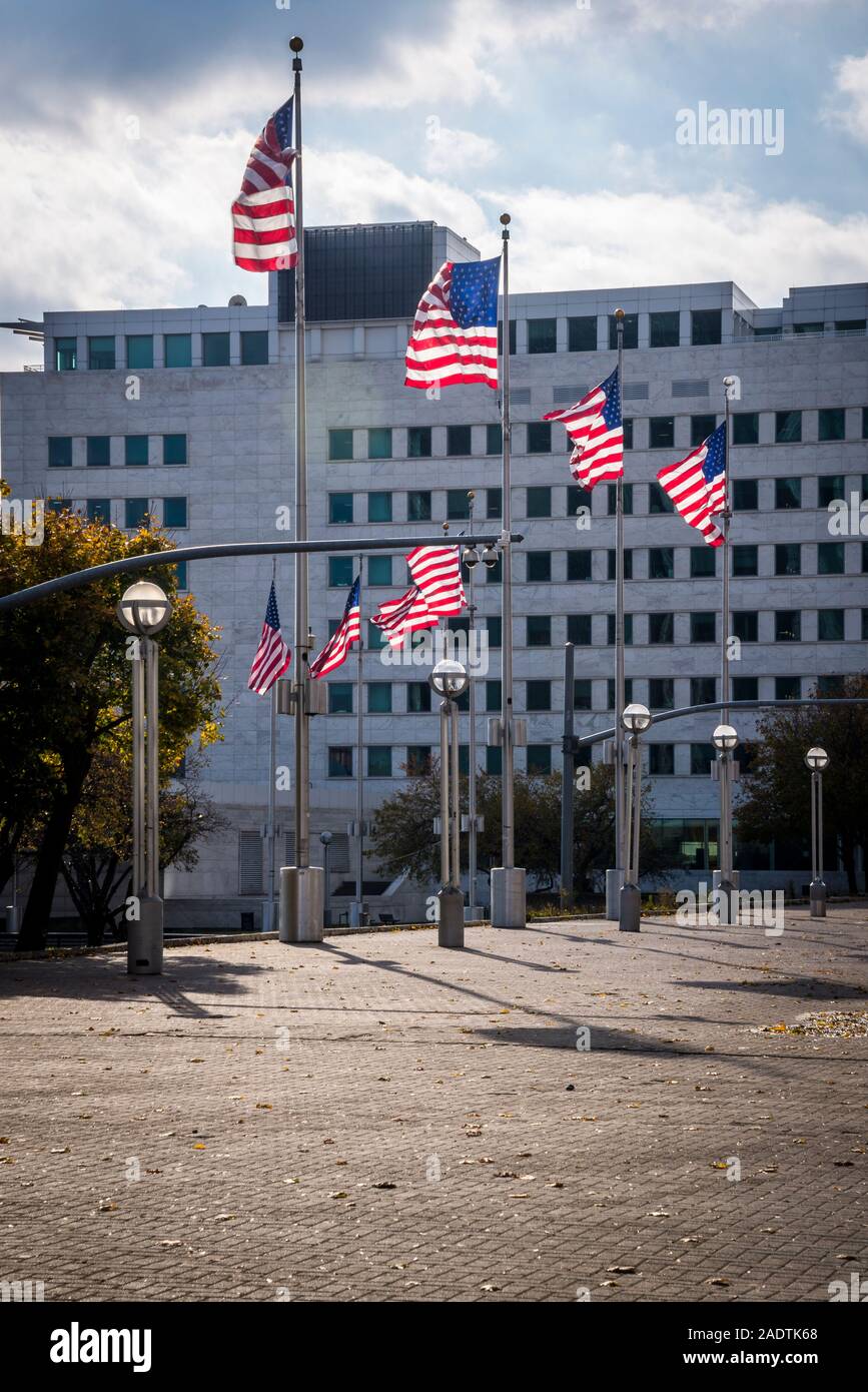 American flags waving in Philip A. Hart Plaza with American Flags,  Detroit, Michigan, USA Stock Photo