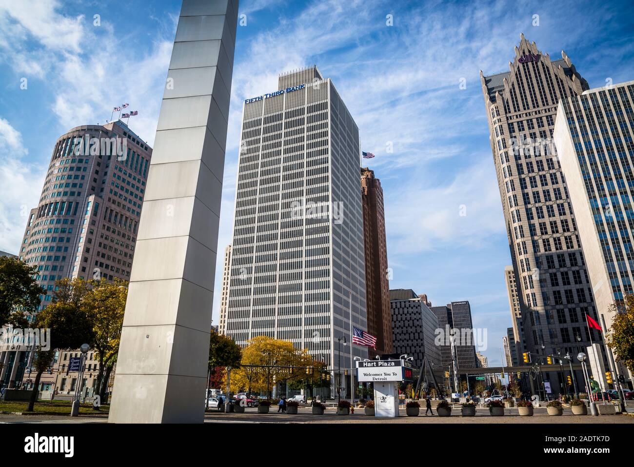 Philip A. Hart Plaza with the skyline of the Financial District in Detroit, Michigan, USA Stock Photo