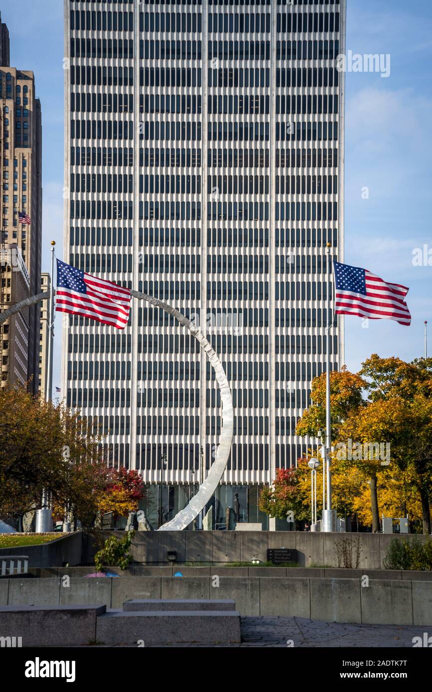 Philip A. Hart Plaza with American Flags and Michigan Labor Legacy Monument,  Detroit, Michigan, USA Stock Photo