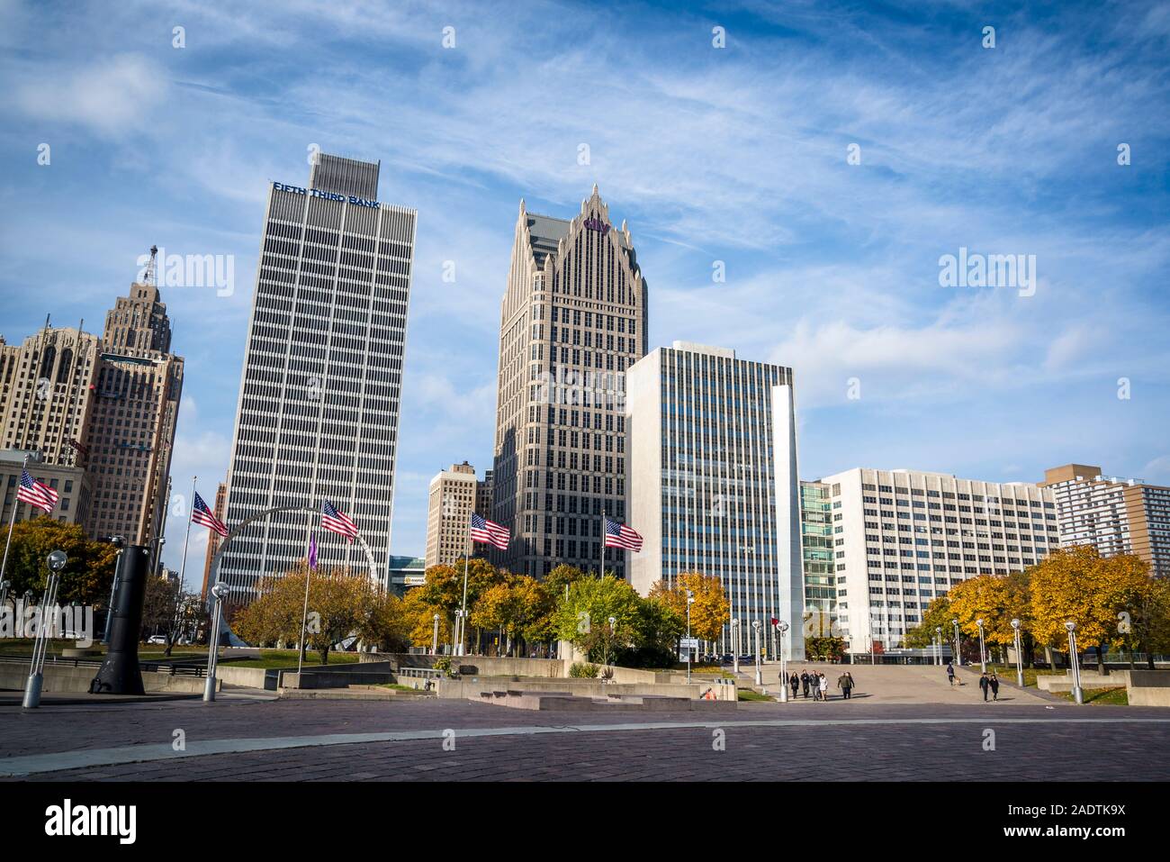 Philip A. Hart Plaza with the skyline of the Financial District in Detroit, Michigan, USA Stock Photo