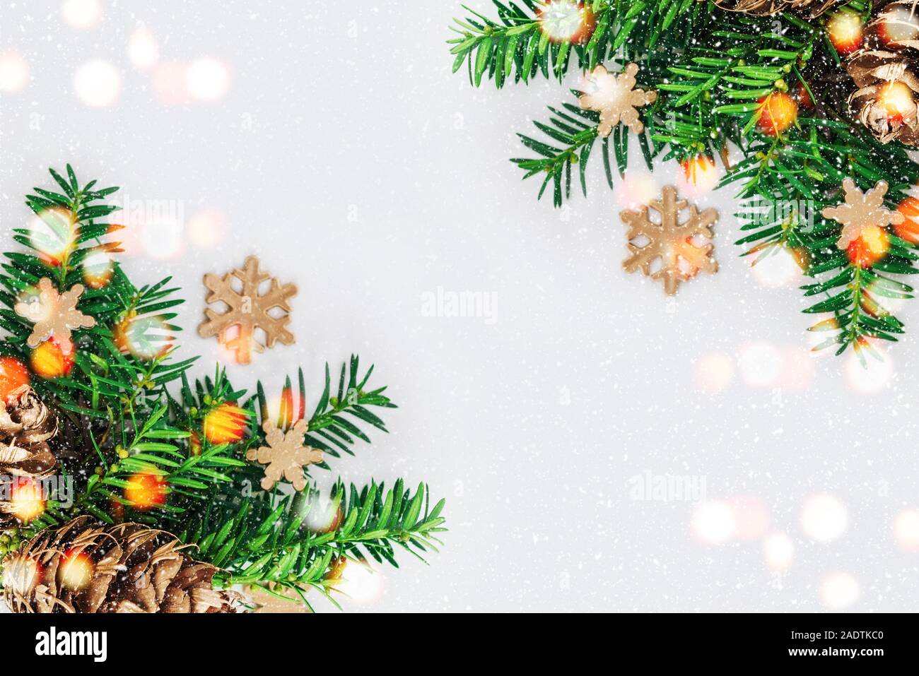 Christmas decoration with fir branch and cones on a snowy background ...