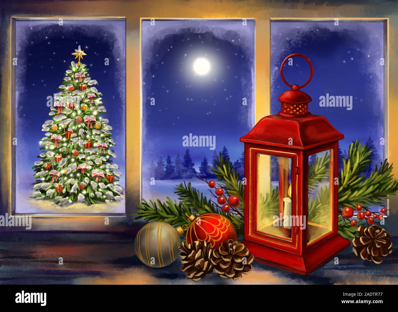 Christmas eve, Red vintage lantern with a burning candle with Christmas  toys on wood texture background. Decorative Christmas ornament, art  illustrati Stock Photo - Alamy