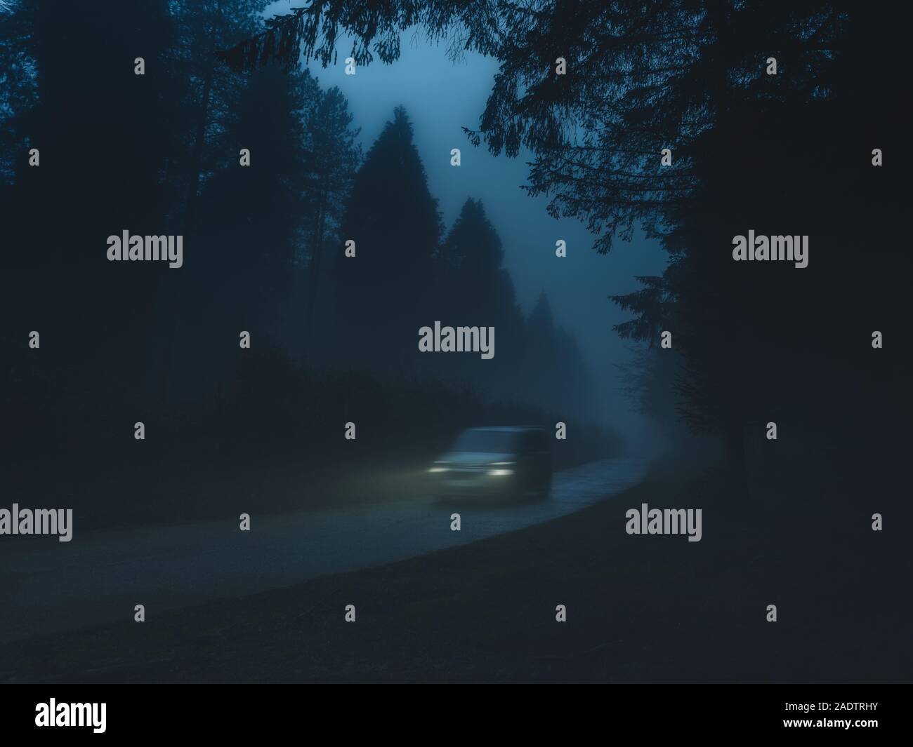 car in country road with fog and low visibility Stock Photo - Alamy