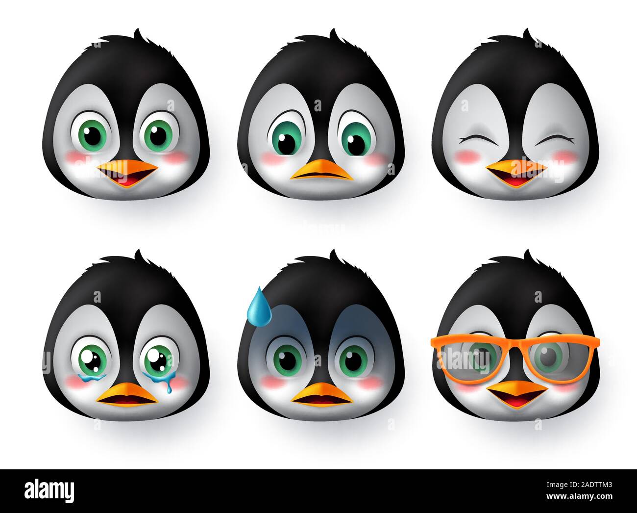 Penguins emoji or emoticon face vector set. Penguin emoji animal face wearing sunglasses with happy, scared, crying, and sad emotions for avatar. Stock Vector