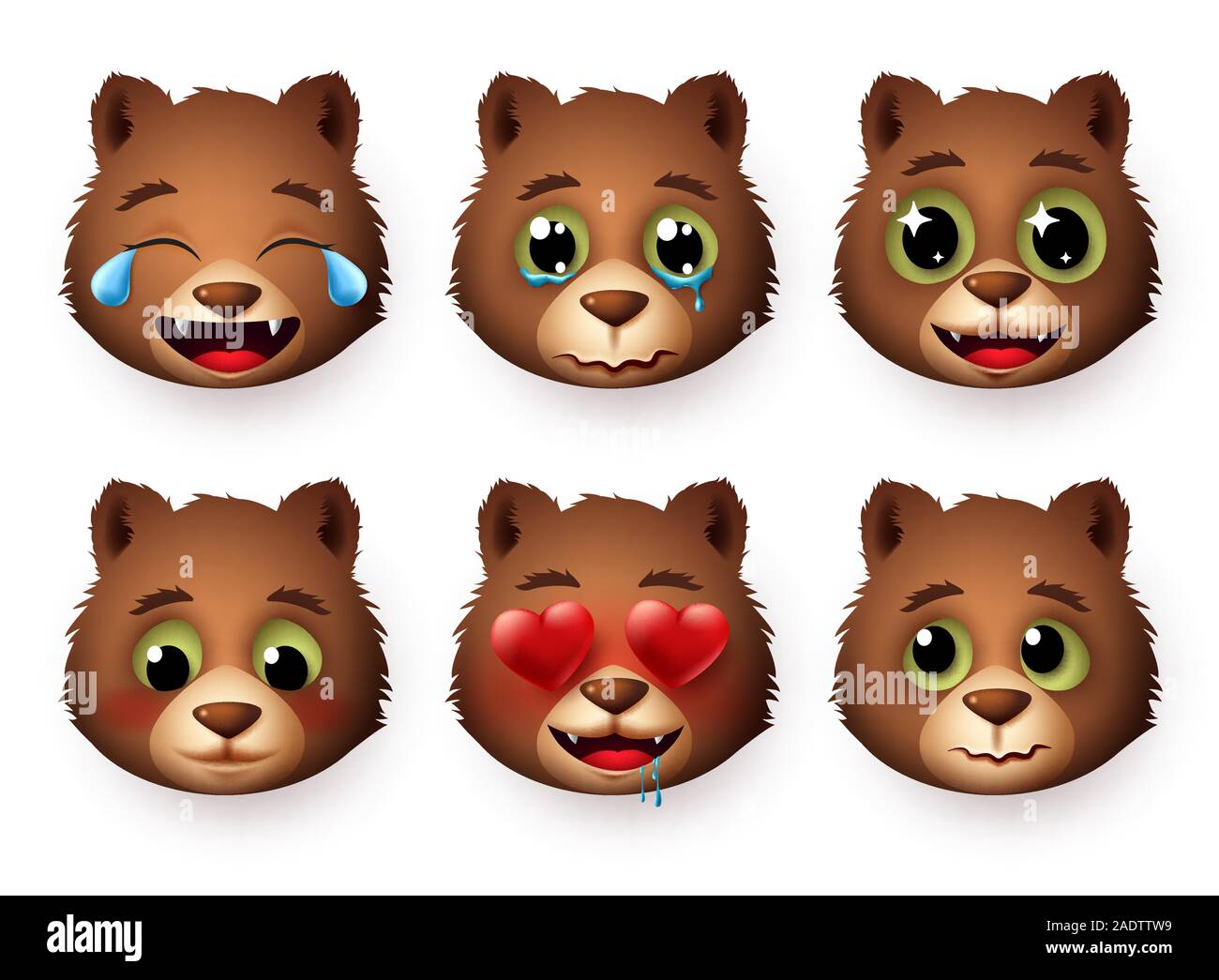 Emojis of panda face vector set. Pandas bear head emoticon animal in different expressions with in love, crying, shy, scared and laughing isolated. Stock Vector