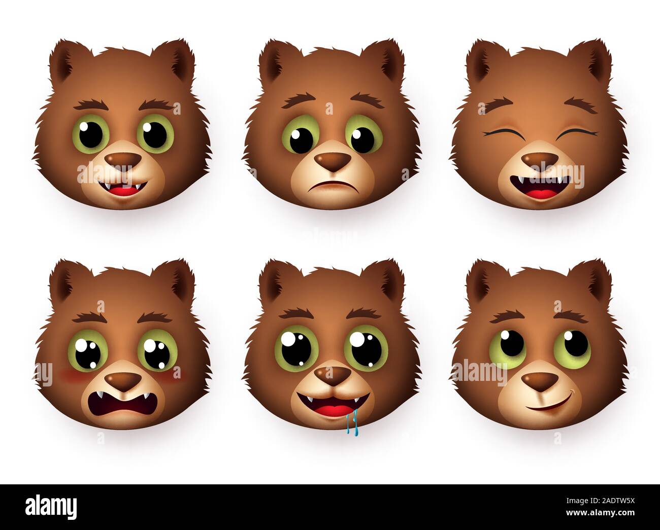 Panda emojis face vector set. Pandas bear head emoticon animal in hungry, thinking and crying for sign and symbol character collection isolated. Stock Vector