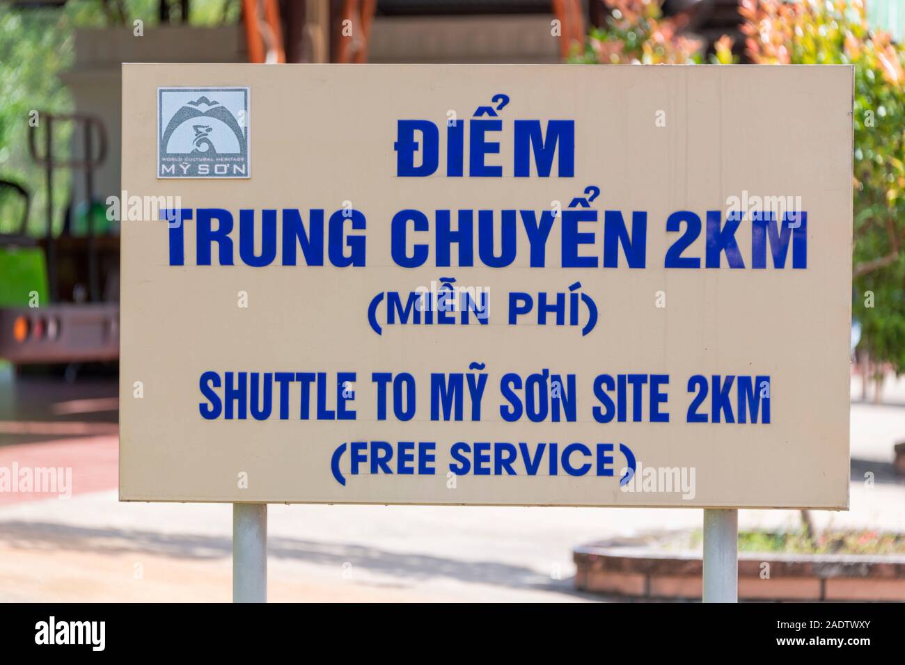 My Son Temple UNESCO World Heritage Site, Quang Nam Province Vietnam - Sign for shuttle to My Son Site Stock Photo