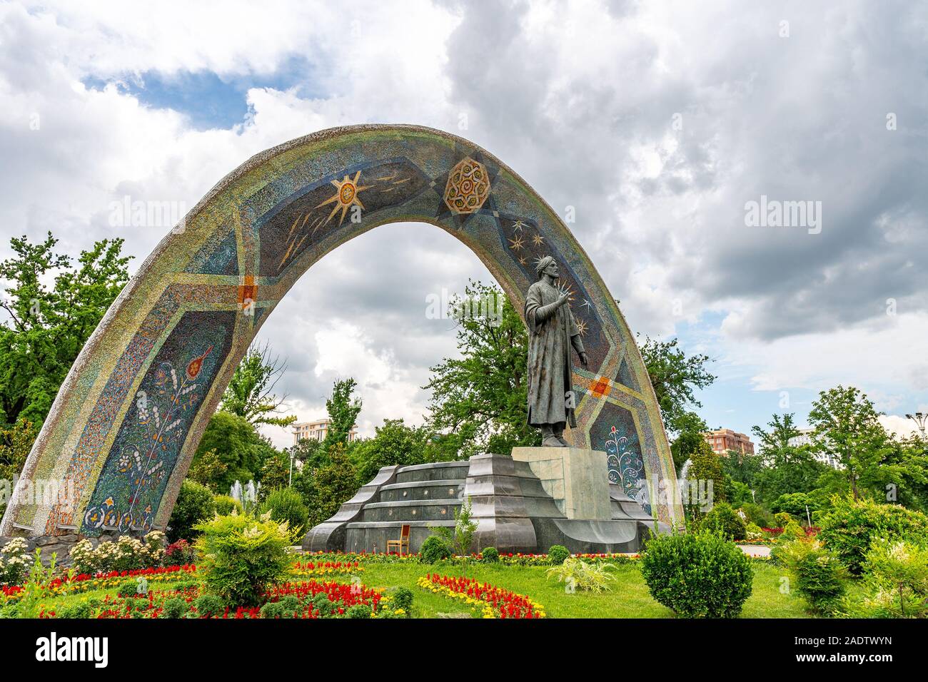 Dushanbe Abu Abdullah Rudaki Park Statue Picturesque Side View on a Cloudy Rainy Day Stock Photo