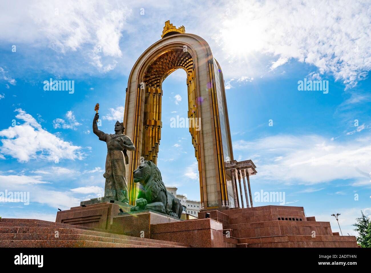 Dushanbe Ismoil Somoni Holding with his Right Hand a Scepter Statue Picturesque View on a Sunny Blue Sky Day Stock Photo