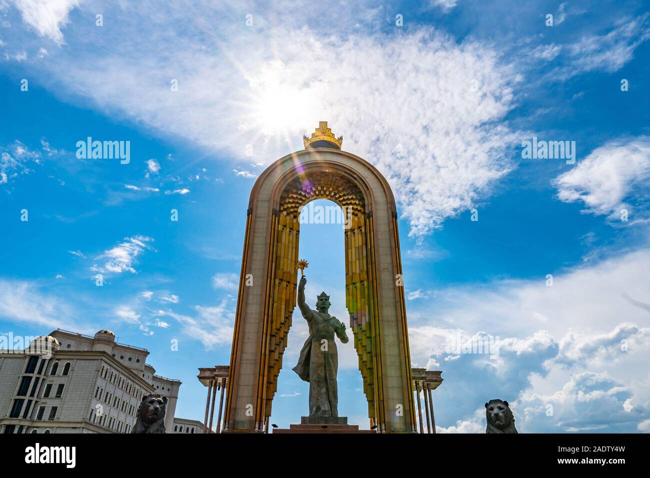 Dushanbe Ismoil Somoni Holding with his Right Hand a Scepter Statue Picturesque View on a Sunny Blue Sky Day Stock Photo