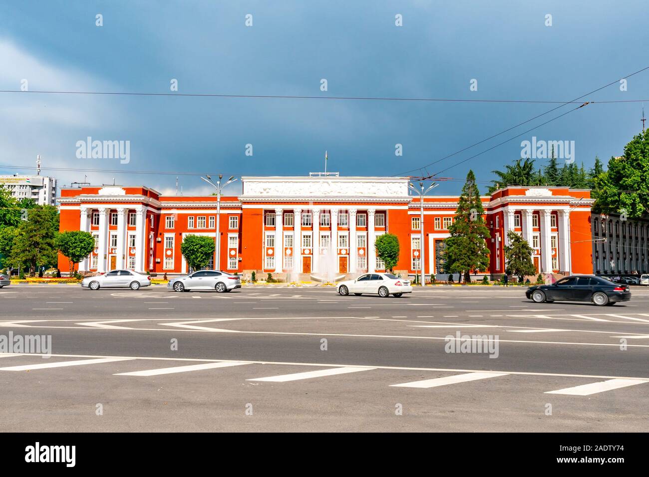 Dushanbe Parliament of the Republic of Tajikistan Breathtaking Picturesque View with Traffic on a Sunny Blue Sky Day Stock Photo