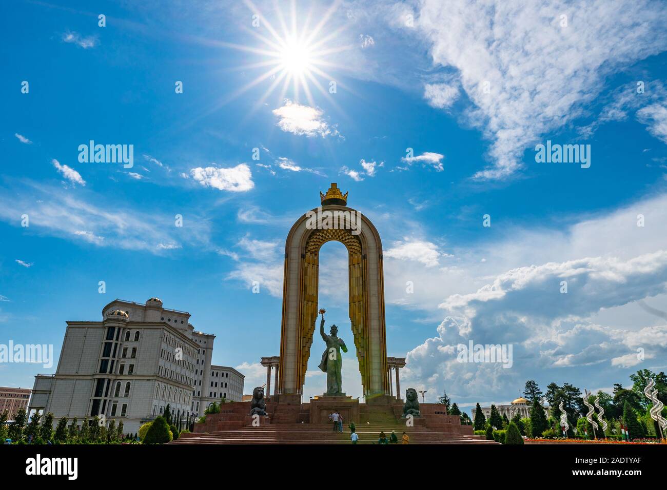 Dushanbe Ismoil Somoni Holding with his Right Hand a Scepter Statue Picturesque View on a Sunny Blue Sky Day Stock Photo