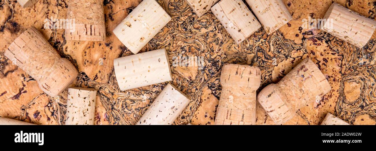 Header, wine and champagne cork spreading on untreated cork, naturally product Stock Photo