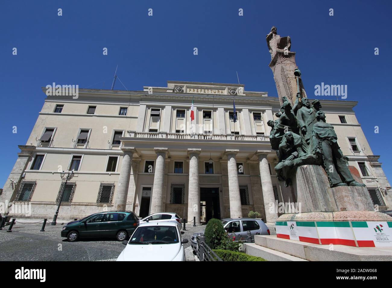 Frosinone, Italy - April 27, 2013:  The seat of the prefecture of the provincial capital with the war memorial Stock Photo