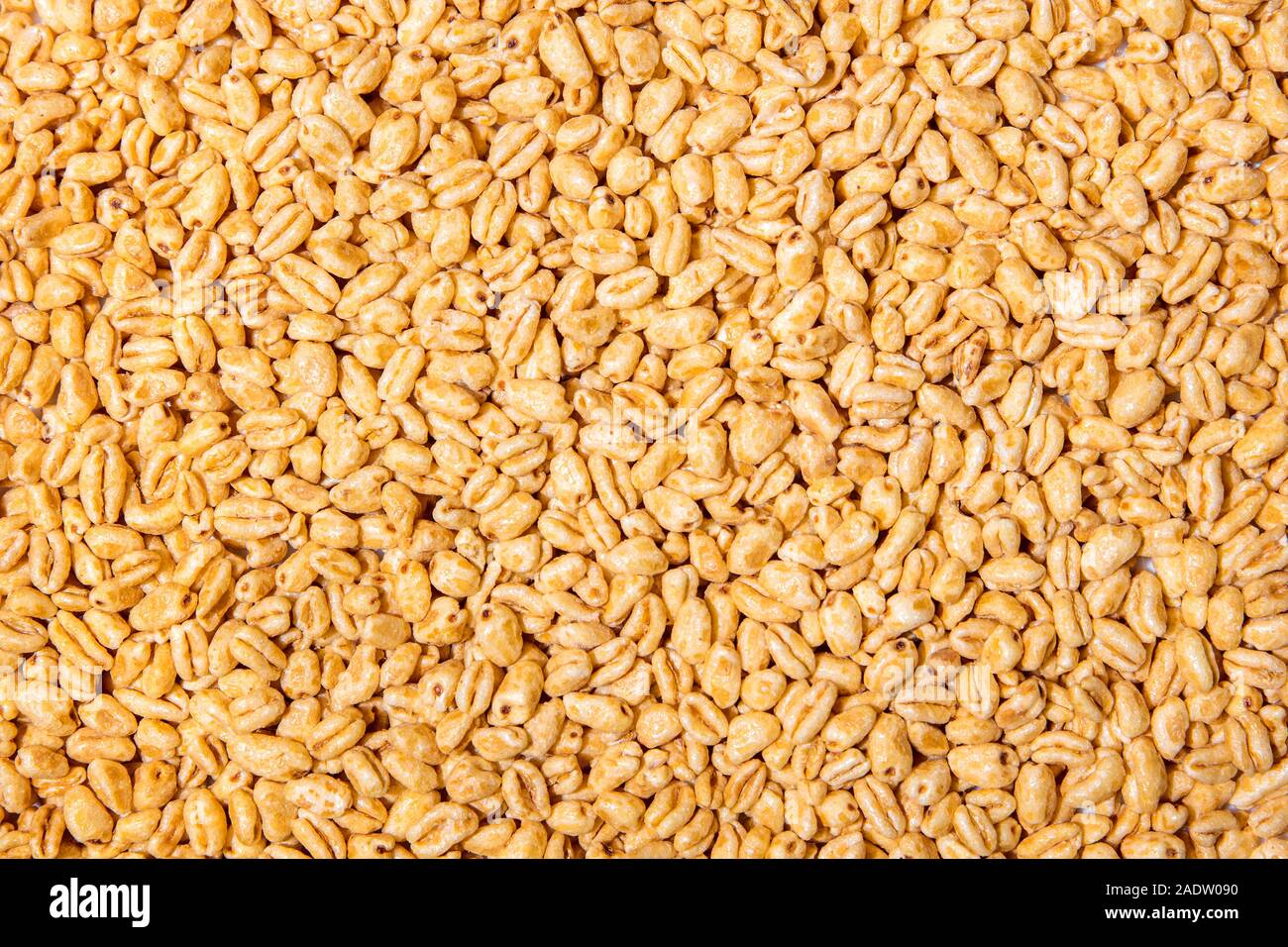 Golden puffed wheat grain background, breakfast cereal with honey Stock Photo