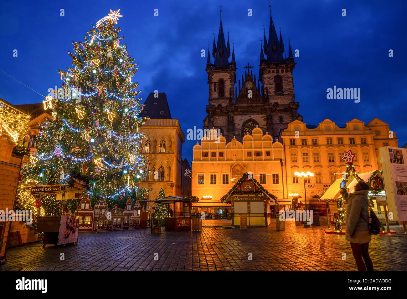 Prague, Czech Republic - 3.12.2019: Christmas market with Christmas tree on Old Town square in Prague at early morning, Czech Republic Stock Photo