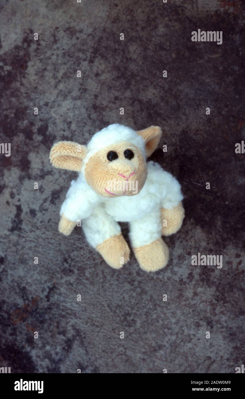 Soft furry stuffed toy of sheep or lamb sitting on tarnished metal and looking up at viewer Stock Photo