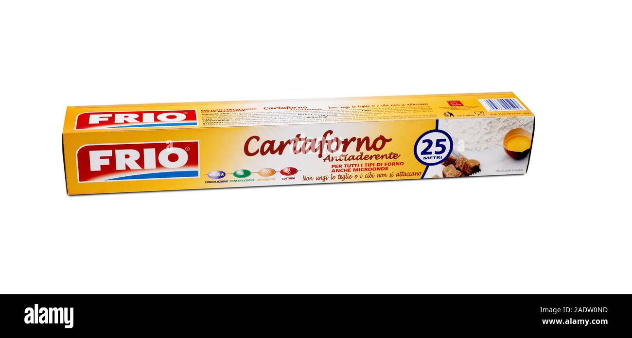 Italy - november 8, 2019: roll of non-stick Frio branded baking paper on a white background Stock Photo